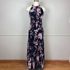 Eliza J Floral Chiffon Maxi Dress Size 4 Halter Neck Tiered Ruffles Wedding